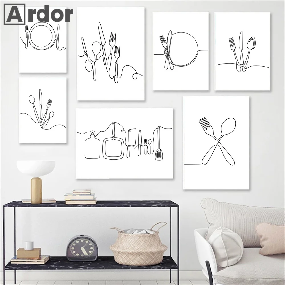 

Fork Knife Plate Tableware For Kitchen Line Drawing Wall Art Canvas Painting Modular Pictures Nordic Poster And Print Home Decor