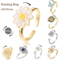 anti stress anxiety rings for women rotating daisy butterfly planet spinner rings crystal zircon fidget open adjustable rings