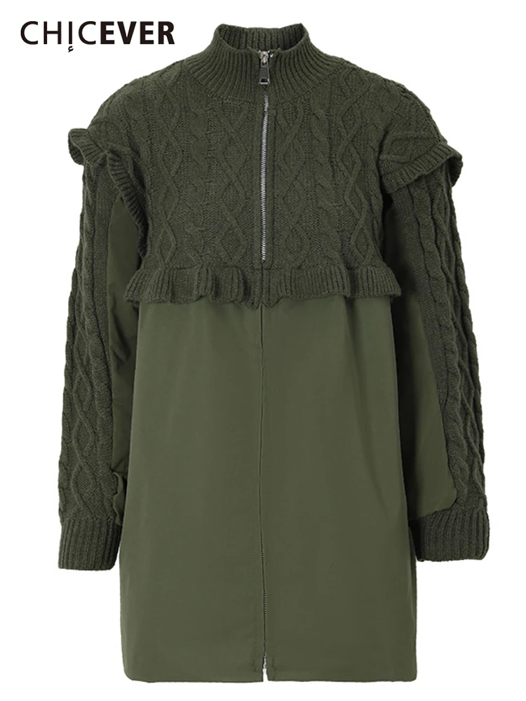 

CHICEVER Лоскутная куртка Knititng для женщин со стоячим воротником с длинным рукавом на молнии свободная повседневная куртка женская модная одежда 2022