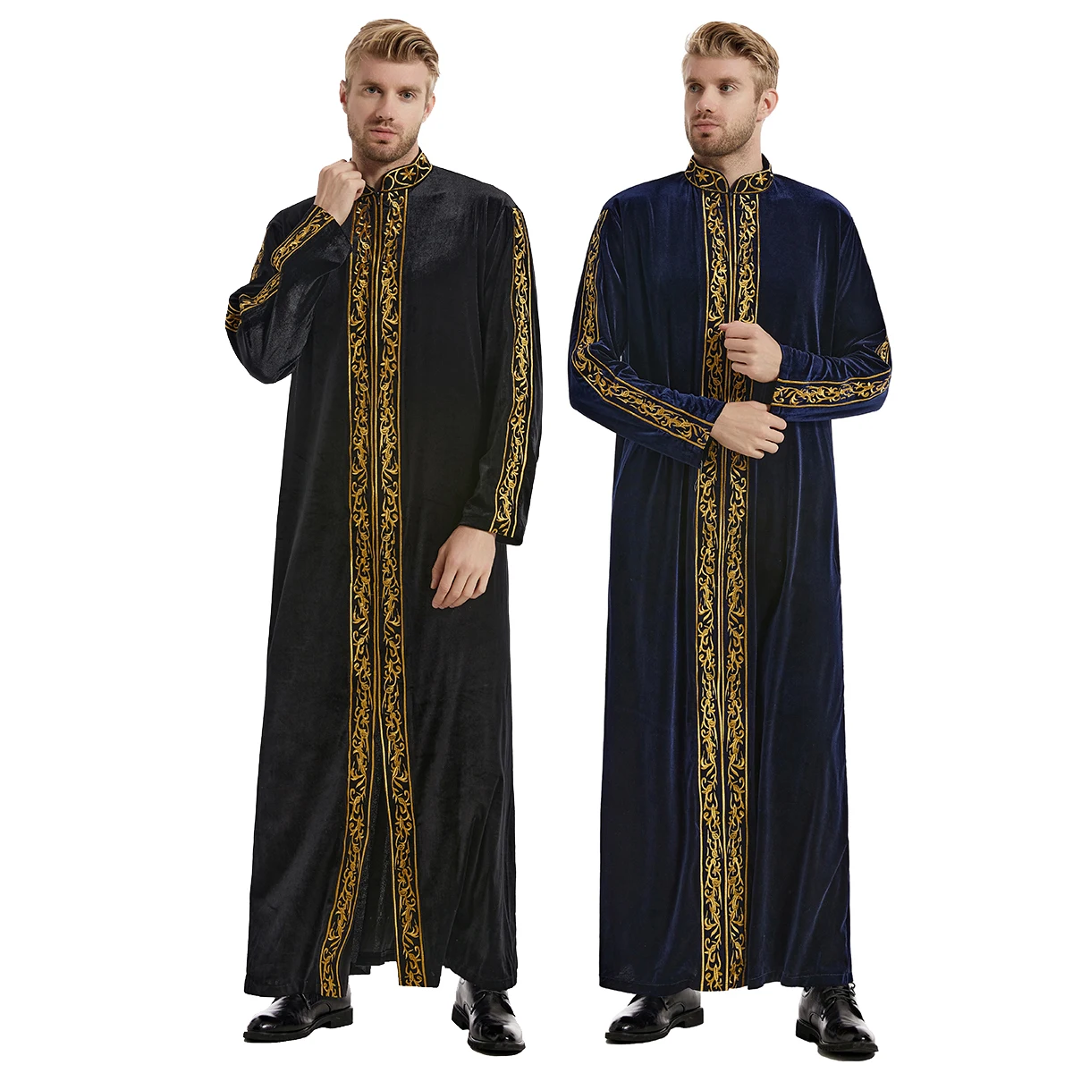 Ramadan Thobe Men's Muslim Standing Neck Embroidered Long Sleeve Islamic Gown Kaftan Thawb Dubai Ankle Length Abaya