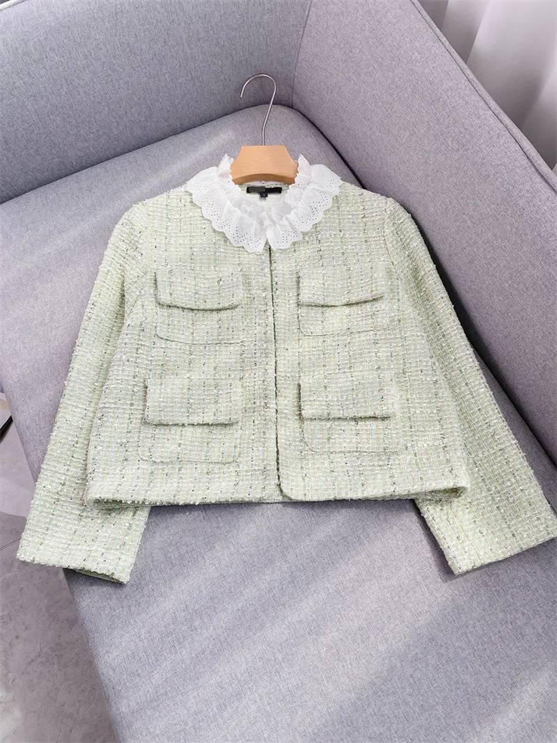

Tweed Green Retro Short Jacket 2022 Fall New Commuter Fashion Simple Slim Top Female High Quality Free Shipping
