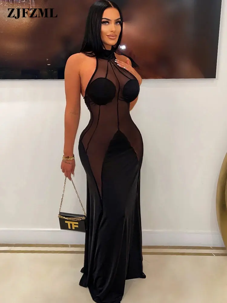 

Женское прозрачное Сетчатое платье-годе до пола, роскошное вечернее платье-Русалка с лямкой на шее и открытой спиной, Клубное платье