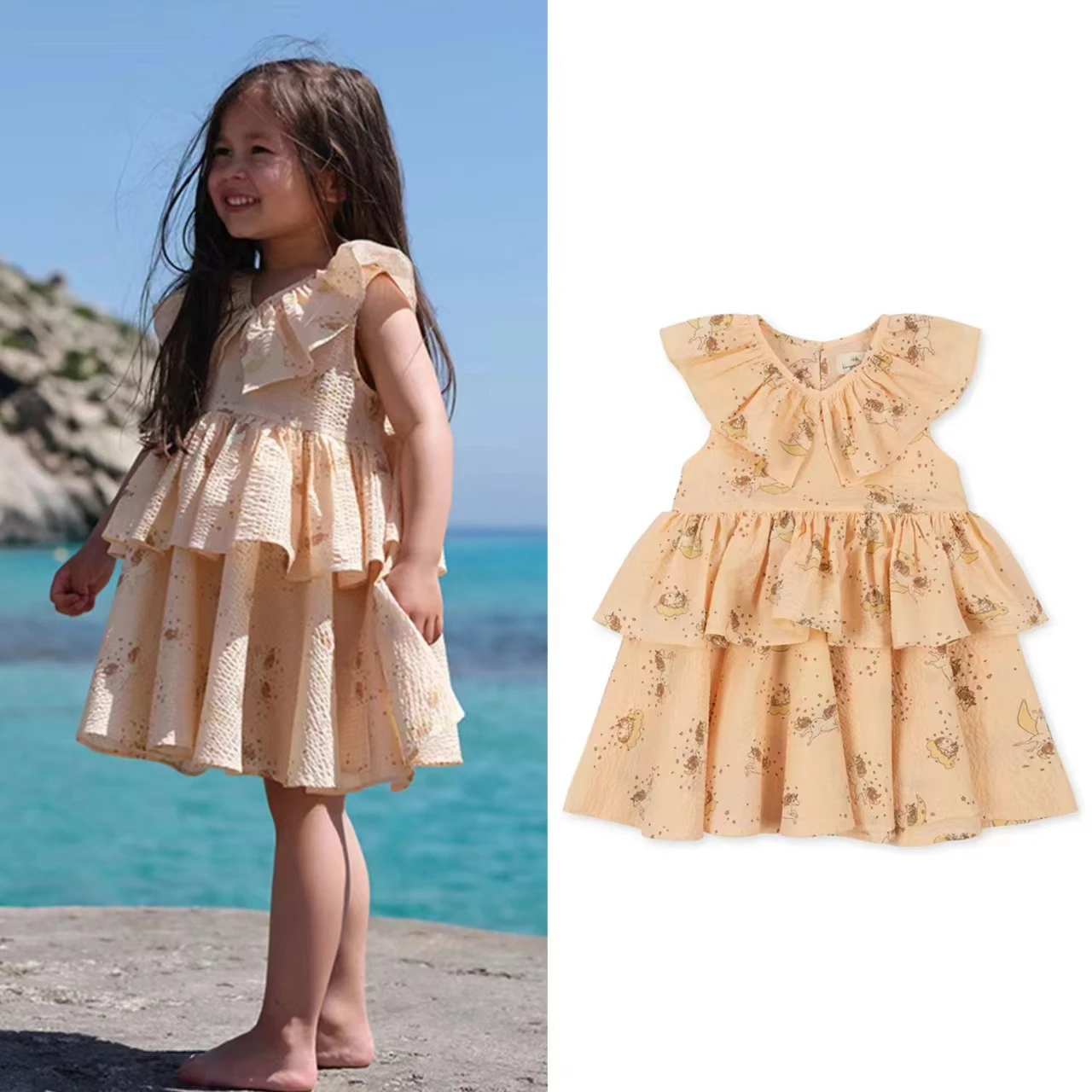 

Платье детское Летнее из чистого хлопка с единорогом и рукавами-фонариками