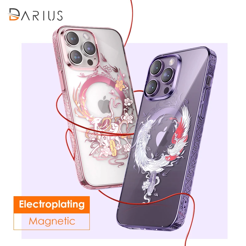 

Electroplating Frame Magnetic Dragon Phoenix Case For iphone 14 Pro Max 14Plus Transparent PC Cover For Magsafe Wireless Charger