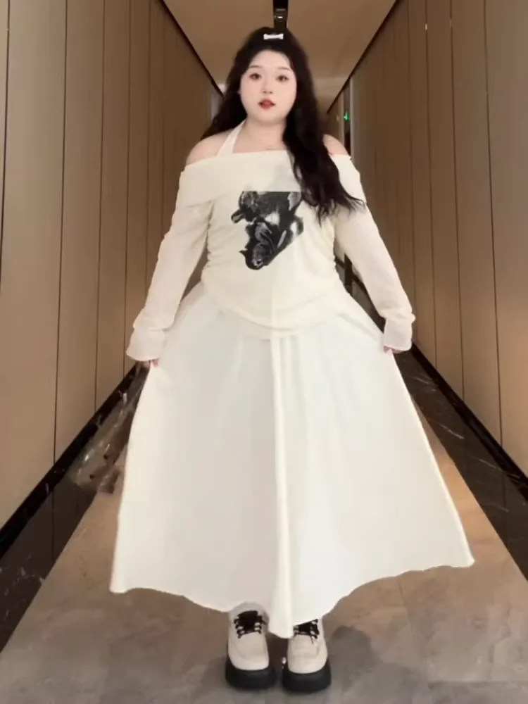 Женский комплект с юбкой на подтяжках больших размеров новинка 2024 ранняя осень