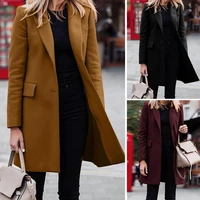 lapel long sleeve flap pockets solid color autumn blazer female single button office mid length suit coat outerwear