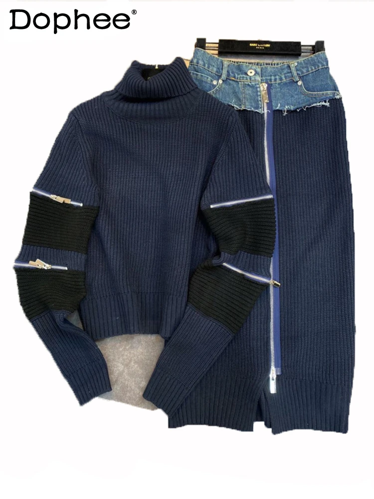 2022 Autumn Winter Women New Fashion High Collar Zipper Decoration Sweater Patchwork Denim Skirt Two Piece Set