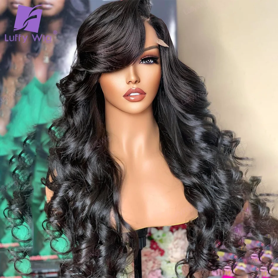 Loose Body Wave Wig With Bangs Brazilian Full Machine Made Wig With Bang Long Natural Remy 13*6 Lace Front Human Hair For Women