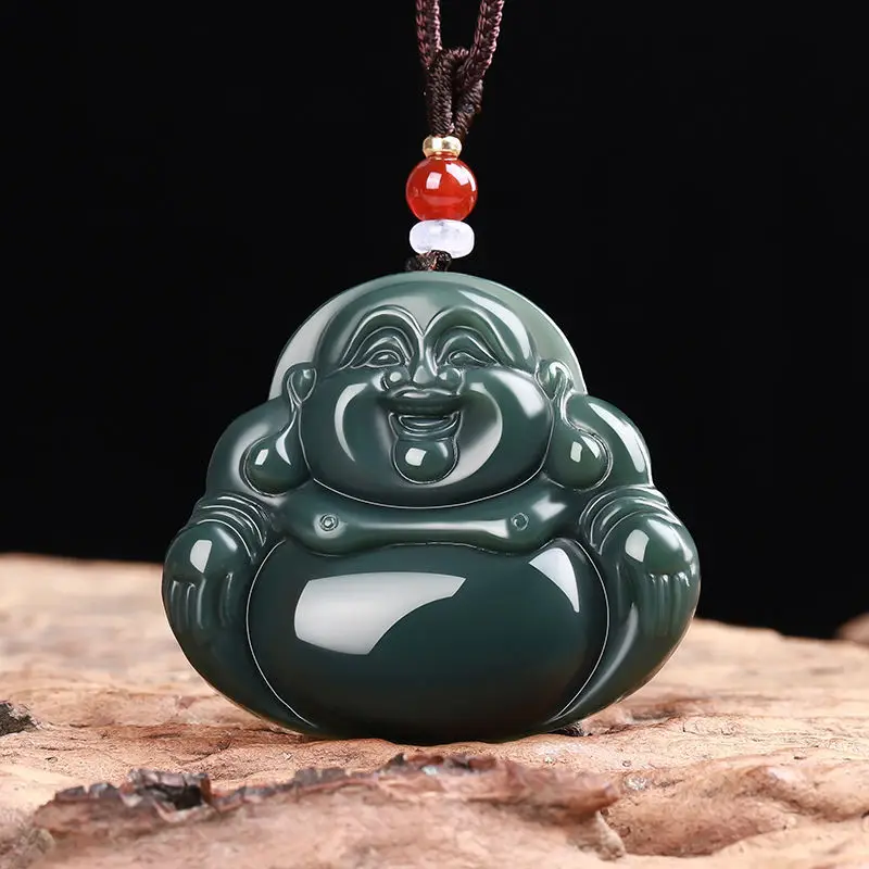 Натуральный 100% натуральный зеленый нефритовый вырезанный кулон смайлика Будды