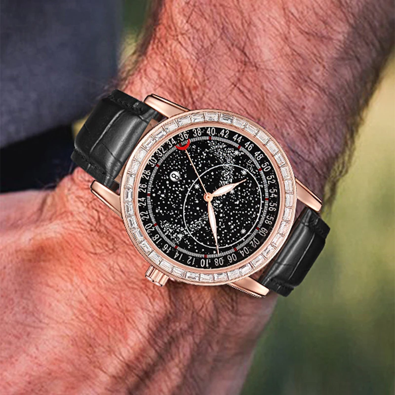 

PINTIME Top Brand Watch Men's Black Leather Strap Starry Sky Dial Moon Pointer Fashion Quartz Wristwatch Casuals Luminous Reloj
