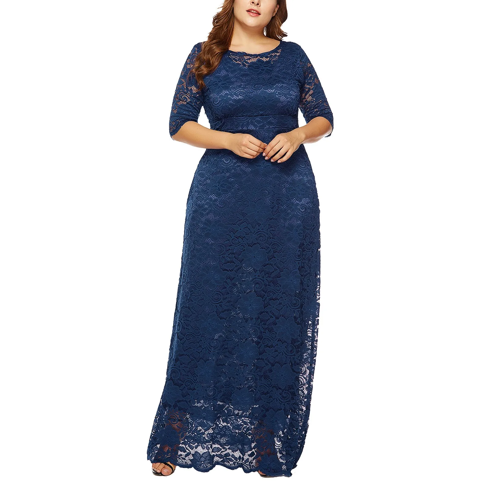 

Womens Floral Lace Plus Size Long Dress Scooped Neckline Cocktail Party Dresses Tea Dress