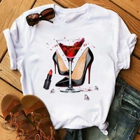 womens clothing summer short sleeved t shirt fashion high heels wine glass printing graphic tee y2k tops ropa plus size mujer