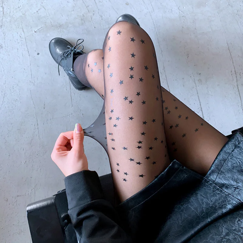 

Star Starry Women Tights Ladies Black Nylon Fishnet Hosiery Summer Female Thin Mesh Seamless Pantyhose Harajuku Stretch Stocking