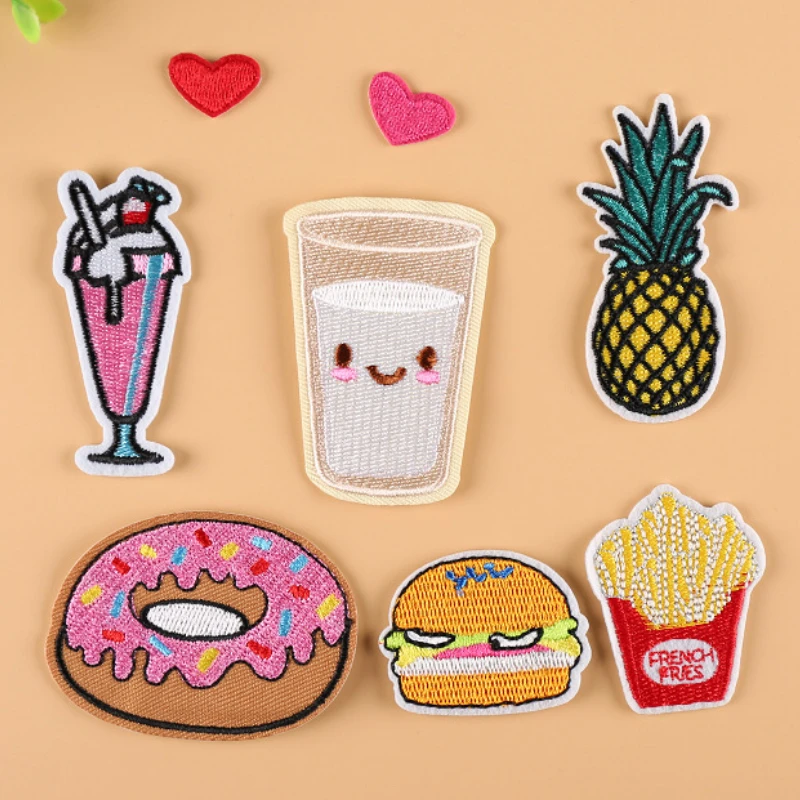 

Cute Cartoon Iron On Hamburger Fries Patches Multicolor Embroidery Clothing DIY Repair Applique Clothes Hat Lapel Badge Fashion