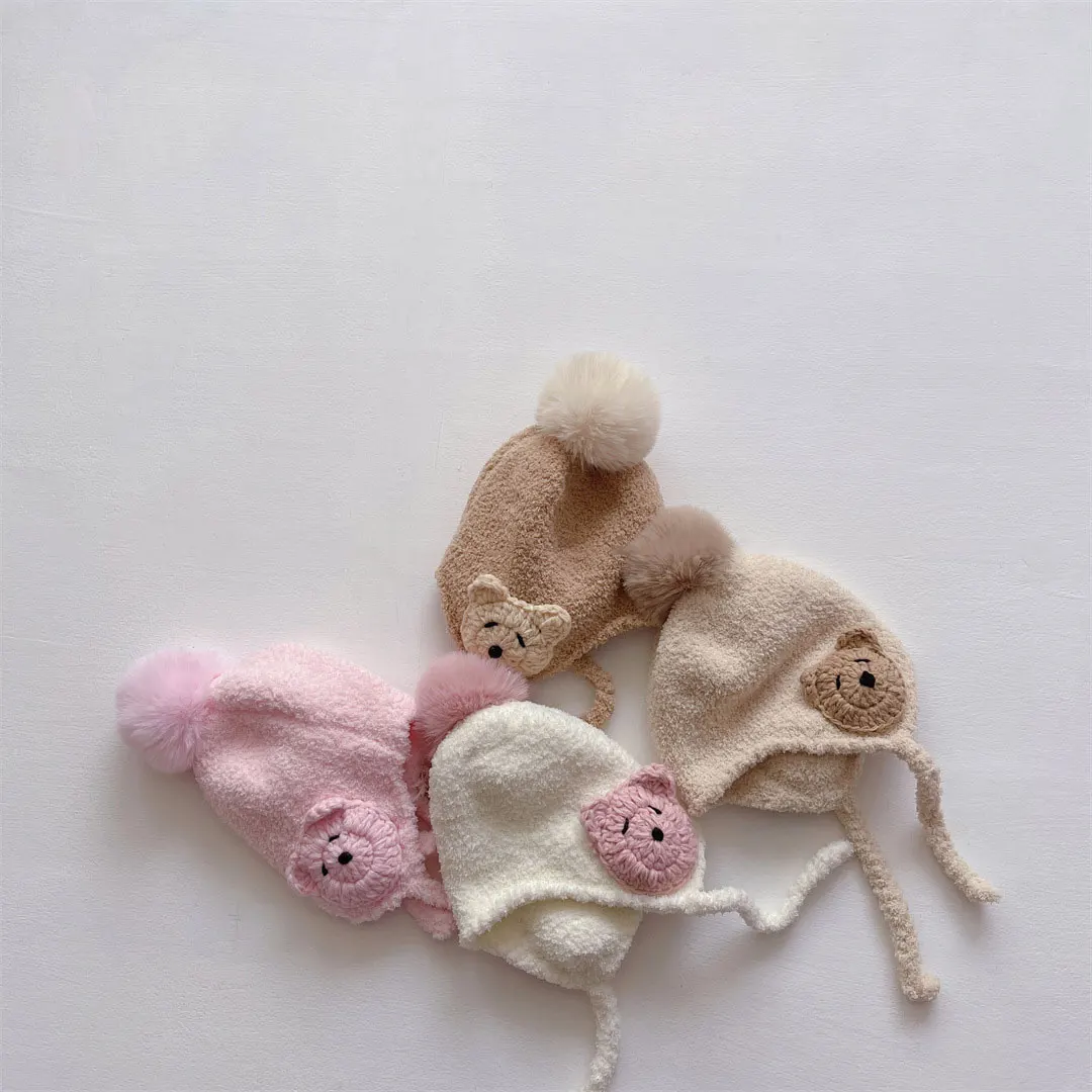 

Шапка для новорожденных с мультяшным медведем и защитой от ветра