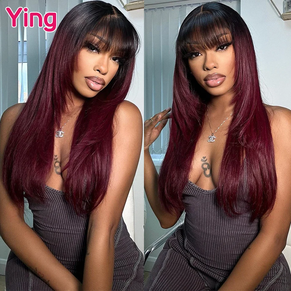 

Ying Bone Straight 1B Dark Burgundy Preplucked Silky 13x4 Transparent Lace Wig Remy 13X6 Lace Frontal Wigs 5X5 Wigs For Women