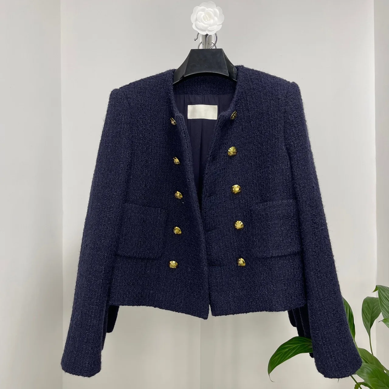

Long Sleeve Overcoat Vintage Wool Jackets Women Tops Elegant Navy Blue Casaco Woolen Coat Female Abrigos Double Breasted Tweed