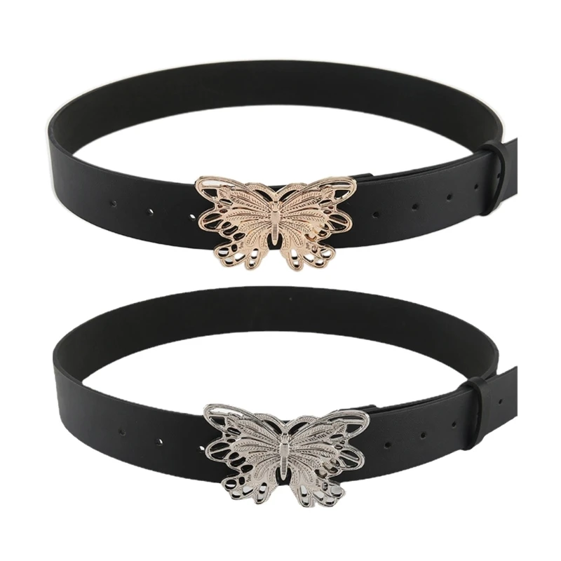 

Fashion Womens Leather Belts Butterflies Shape Metal Buckle 1.5" Wide Faux Leather Casual Waist Belt for Jeans Pants