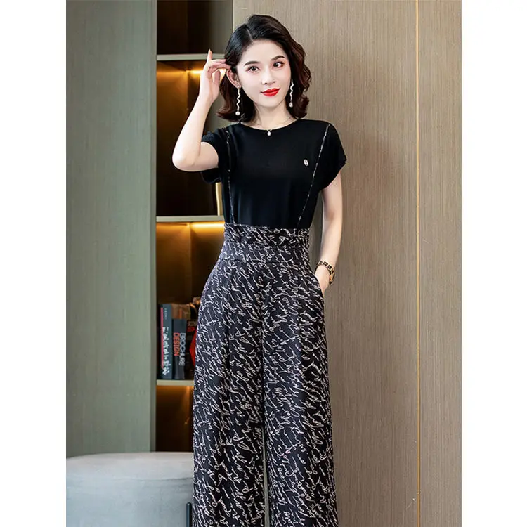 

2022 Women's Summer New Two-piece Sets Female O-neck Short Sleeve Tops + High Waist Wide Leg Pants Ladies Overalls Suits Y110