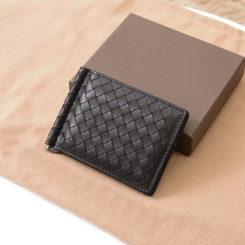 Fashion wallet Genuine leather woven metal dollar clip Men's and women's short Leather Credit Card Wallet Driving license Wallet