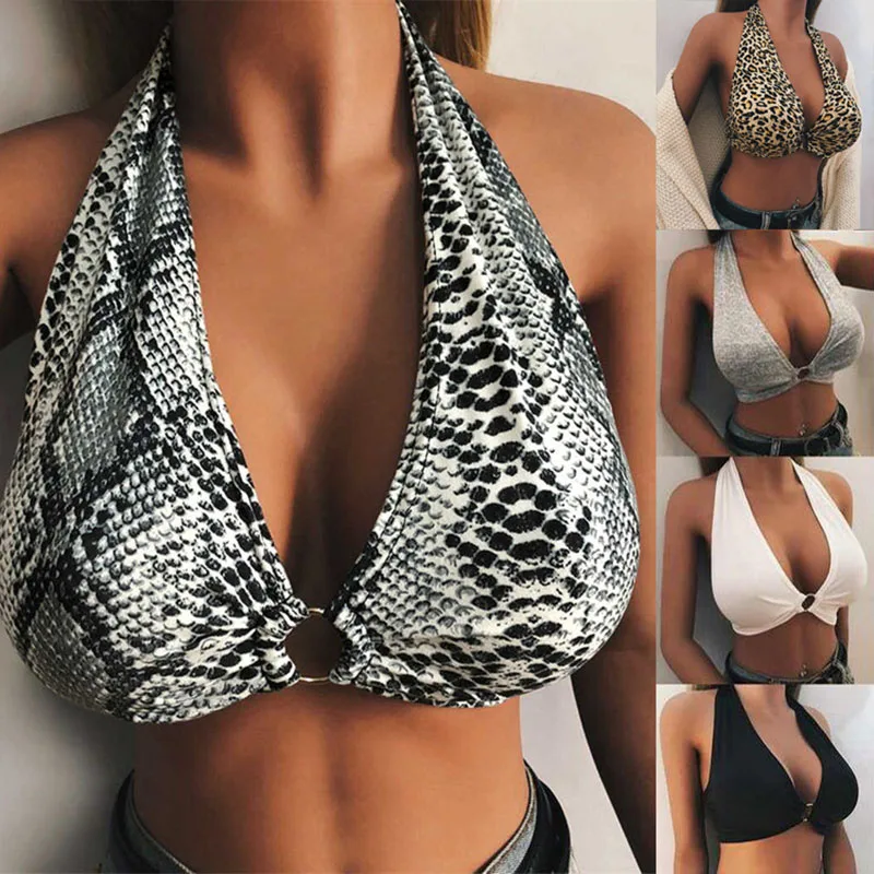 

Women Sexy Halter Bandage Crop Tops Leopard Sports Bra Wrap Deep V Neck Backless Cut Out Active Bustier Bra Cami Camisole Top