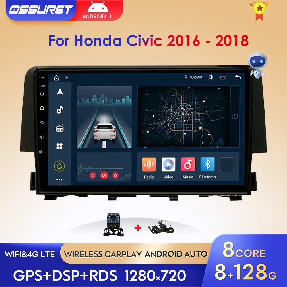 

Автомагнитола для Honda Civic 2016, 2017, 2018, Android 10, мультимедийный проигрыватель с GPS-навигацией, SWC MirrorLink, 4G, LTE, Wi-Fi, OBD2, DVR, USB, BT