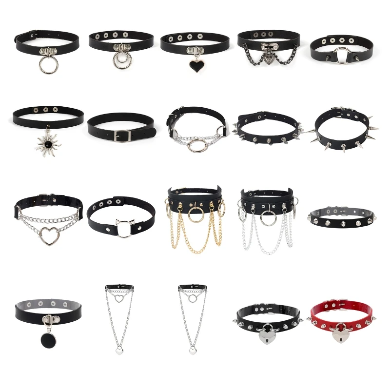 

652F Choker Necklace PU Leather Goth Choker Collar Punk Rock Collar Adjustable Gothic Necklaces Collar Gift for Women Men