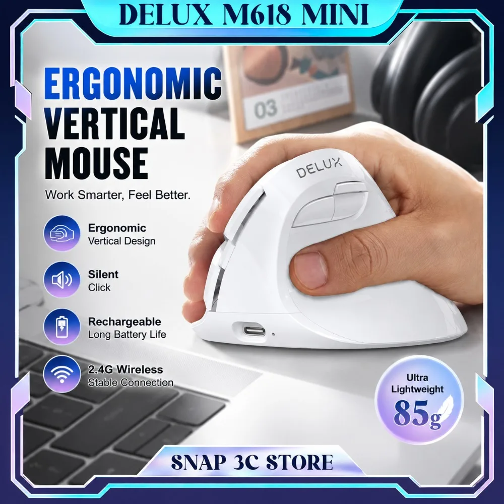 Фото Беспроводная вертикальная мышь Delux M618 mini, эргономичная, Bluetooth, двухрежимная, бесшумная, перезаряжаемая, для маленьких рук №1