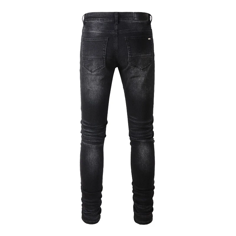 Men's Black Distressed Streetwear Style Red Bandana Ribs Patchwork Skinny Stretch Holes Slim Fit High Street Ripped Jeans