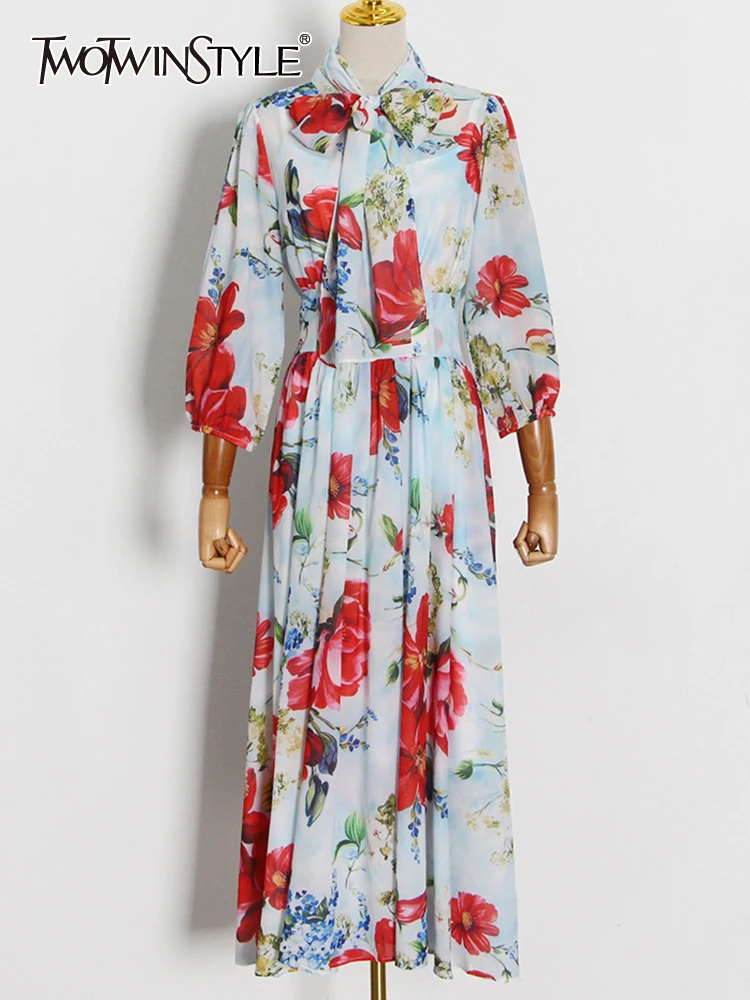

TWOTWINSTYLE Vintage Print Colorblock Dress For Women Bow Collar Long Sleeve High Waist Fold Pleated Dresses Female Clothes New