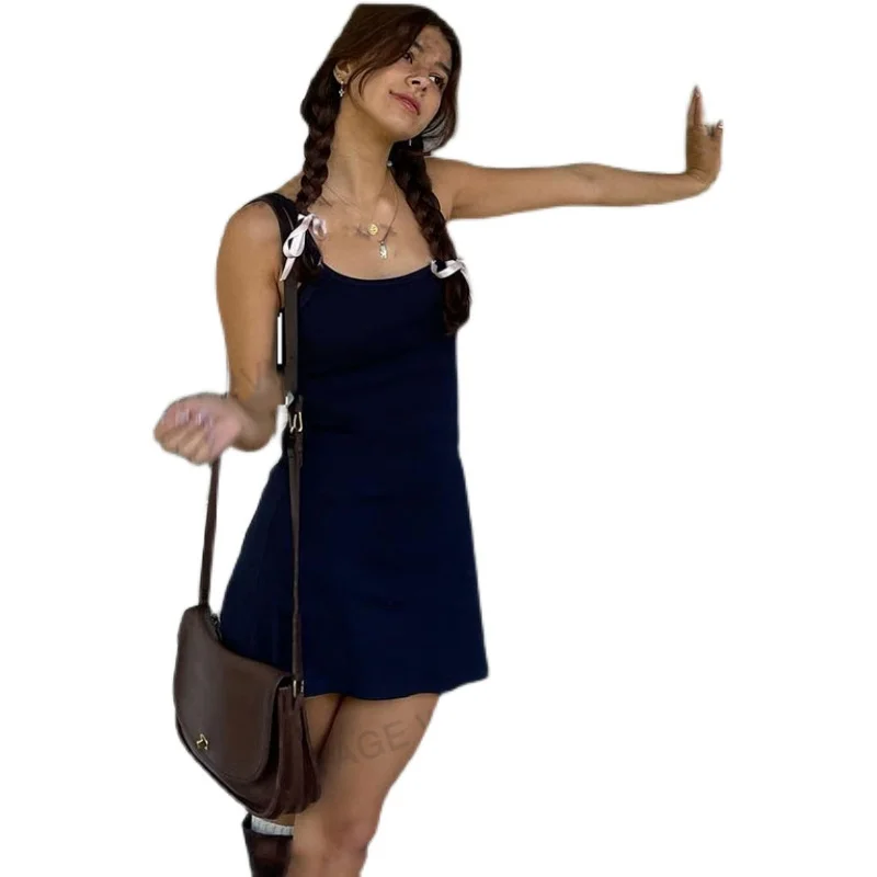 

Dark Blue Solid Color Waist Tight Suspender Dress Pure Desire Inner Short Skirt Simple women clothing