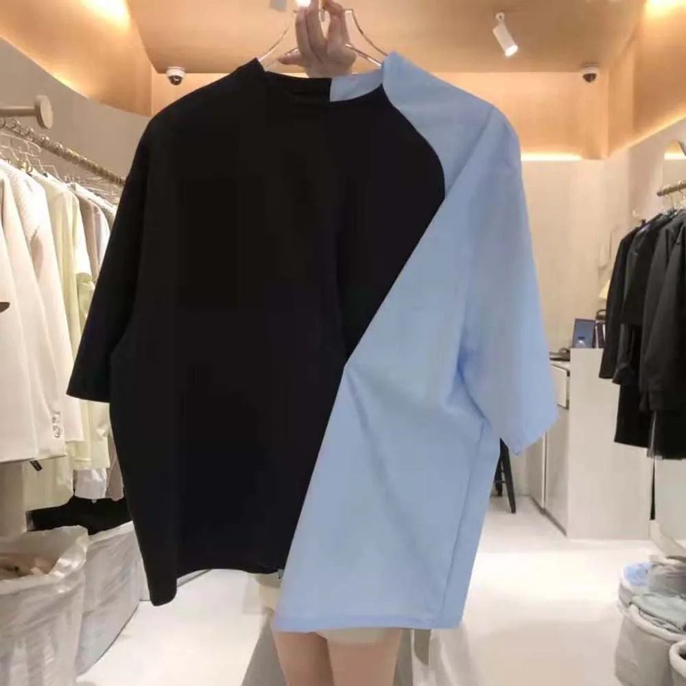 

T-shirt Round Neck Color Matching Irregular Stitching Loose Short-sleeved T-shirt Top Women Summer 2022 Japan Korean