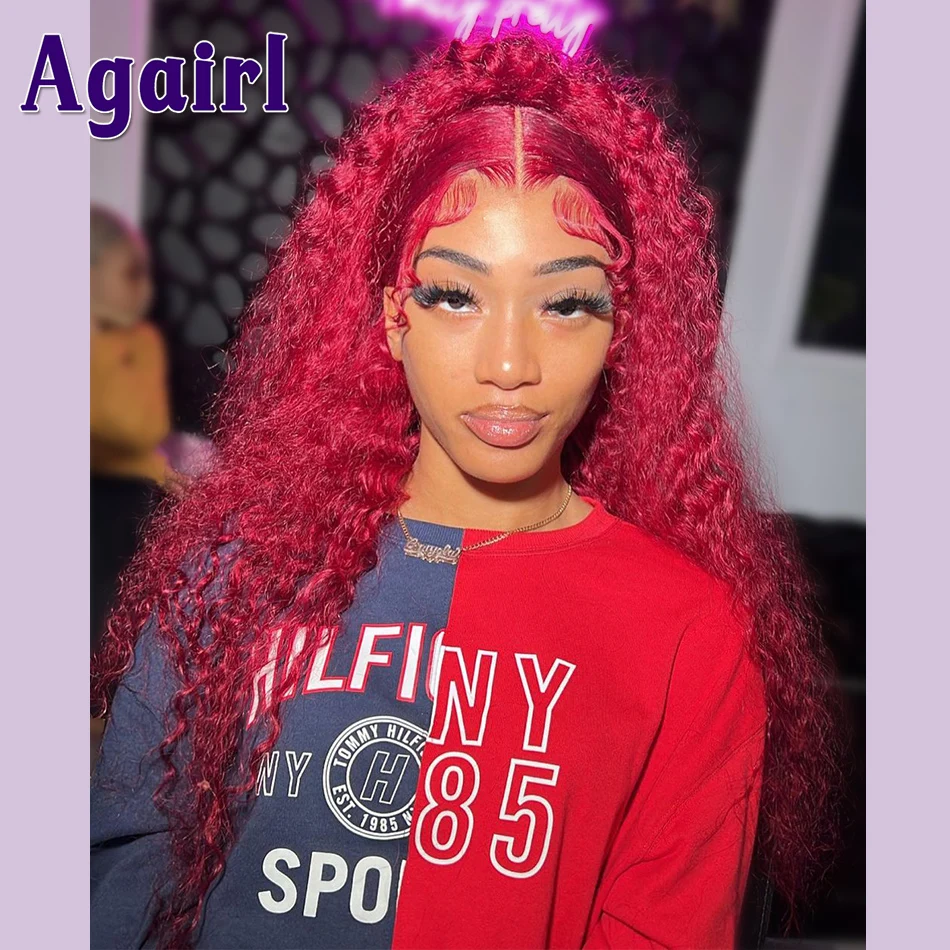 Cherry Red Burgundy Transparent 13X4 13X6 Curly Human Hair Lace Frontal Wigs Malaysian Virgin Water Wave 5x5 Lace Closure Wigs