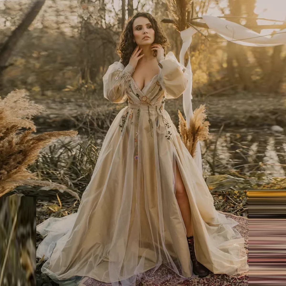 Платье невесты цвета шампанского в стиле бохо женские платья с длинным рукавом