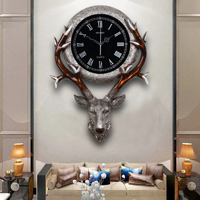 

European-style clock living room creative retro deer head wall clock porch home decoration mute clock hanging wall