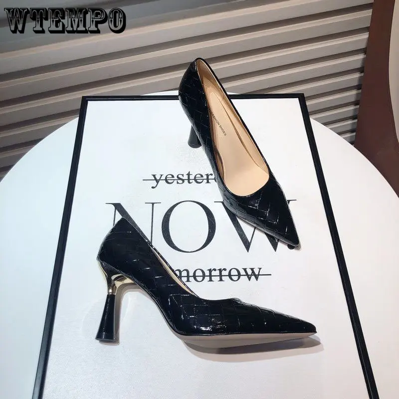 WTEMPO Plaid Classic Casual High Heels Pattern Embossed Fashion Oversize Shoes In Spring and Autumn Pumps Women Shoes Wholesale