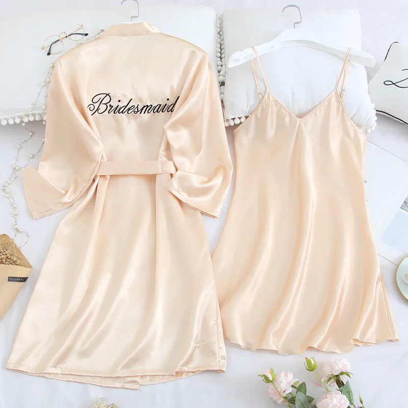 

Long Sleeve 2PCS Kimono Robe Set Women Champagne Nightwear Bathrobe Gown Intimate Lingerie Casual Satin Nightgown Sleepwear