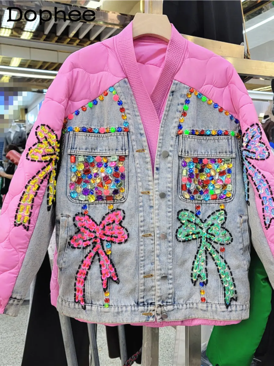 

Exquisite Rhinestone Denim Stitching Casual Cotton-Padded Jacket Women Fake Two-Piece V-neck Down Cotton Coat 2022 Winter Coats