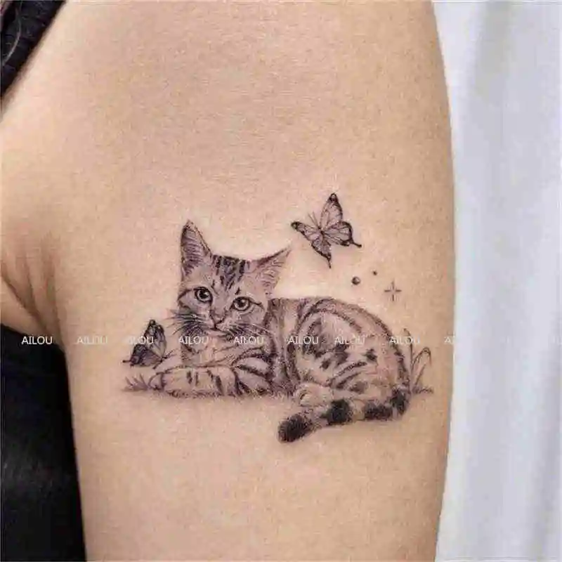 Niedliche Cartoon Katze Schmetterling temporäre Tattoos für Frauen Mann Schlüsselbein Arm wasserdicht Kätzchen Tattoo Aufkleber Kunst dauerhafte gefälschte Tätowierung – Detail 1