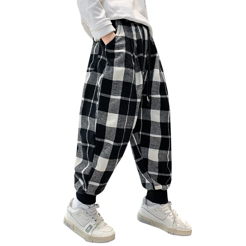 

2023 Spring Kids Boy Black White Plaid Pants for Children Casual School Sports Pants For Boys Teenage Pencil Trousers 5-14 Years