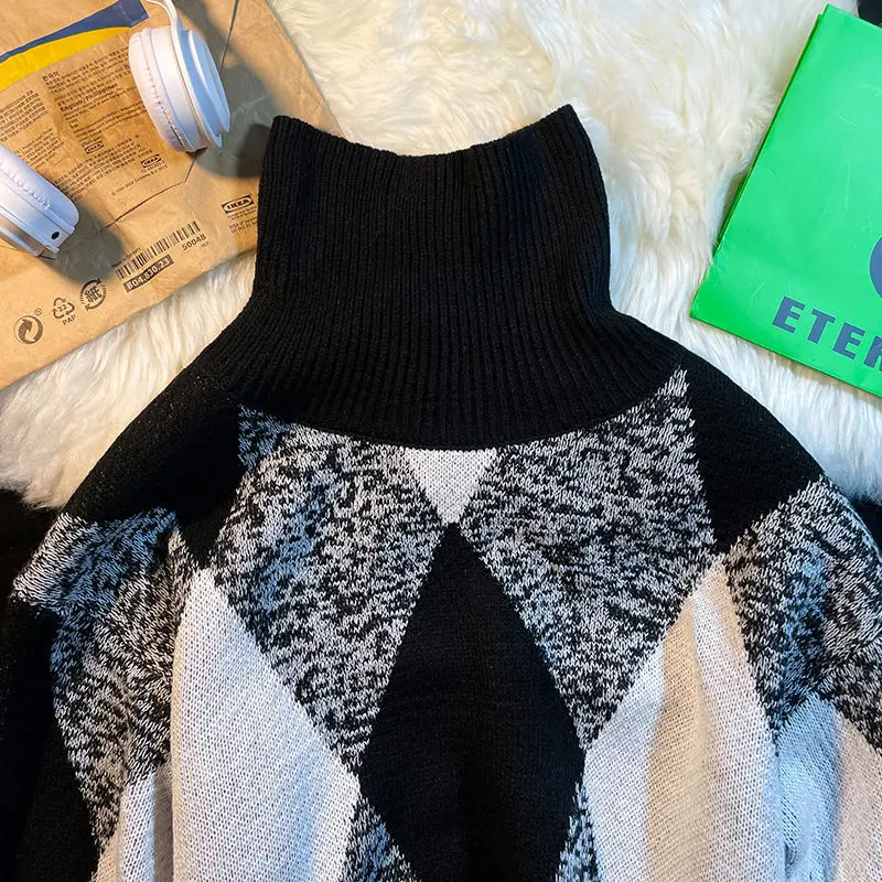 EBAIHUI Men's High Neck Sweater Loose Autumn Base Knitted Color Blocked Checkered Sweaters Long Sleeved Male's Pullover Tops