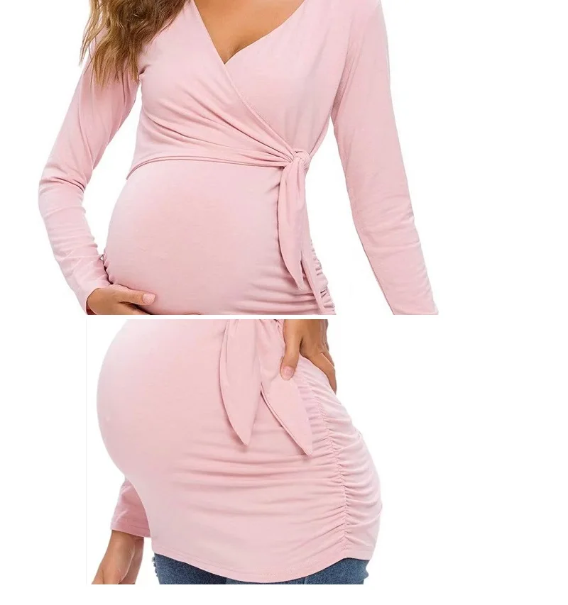 Maternity Shirt Long Sleeve Side Ruched Summer Tops Side Tie Bow Casual Pregnancy Clothes Breastfeeding V-Neck Sexy Tops enlarge