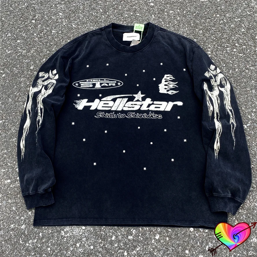 

2023 Washed Black Hellstar Star Logo Long Sleeve Men Women Vintage Hellstar T-shirt Oversize O-neck Tops High Street Tee