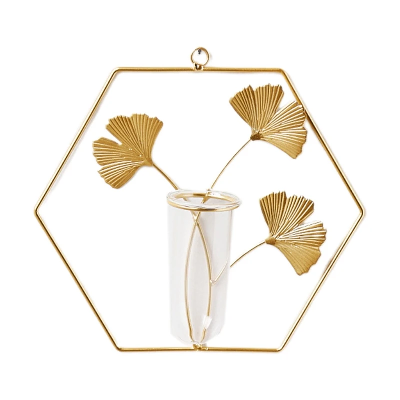

Wall Hanging Plants Vase with Metal Ginkgo Leaf Frame Stand Geometric Glass Test Tube Hydroponic Planters Terrarium