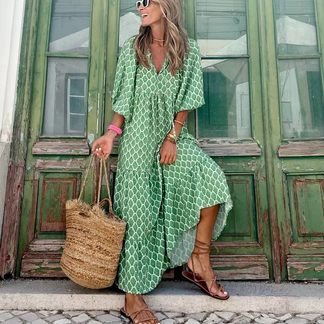 

New2022 Puff Sleeve Long Dress Women Geometric Print Splicing Half Sleeve Dress Elegant V-Neck Loose Holiday Beach Dress Vestido