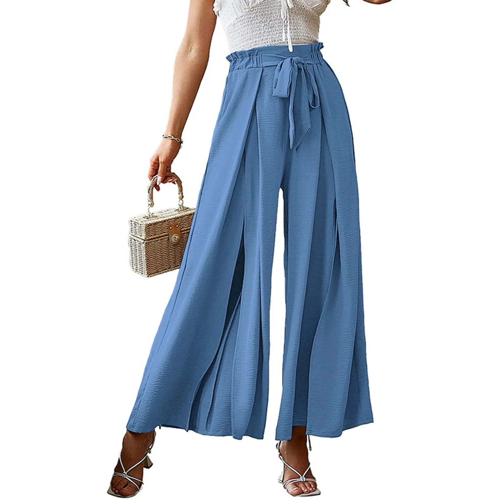 

Color Bow Pants Solid Split Front Waist Wide-Leg High-Waisted Elegant Belt Pants Style Casual Women Flowy Pants Women'S Cotton