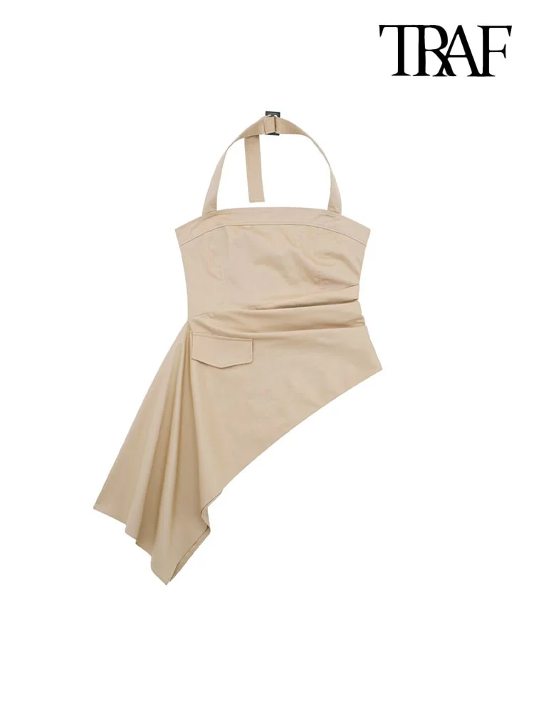 

TRAF Women Fashion Asymmetric Side Pleated Tank Tops Vintage Adjustable Buckle Halter Side Zipper Female Camis Mujer