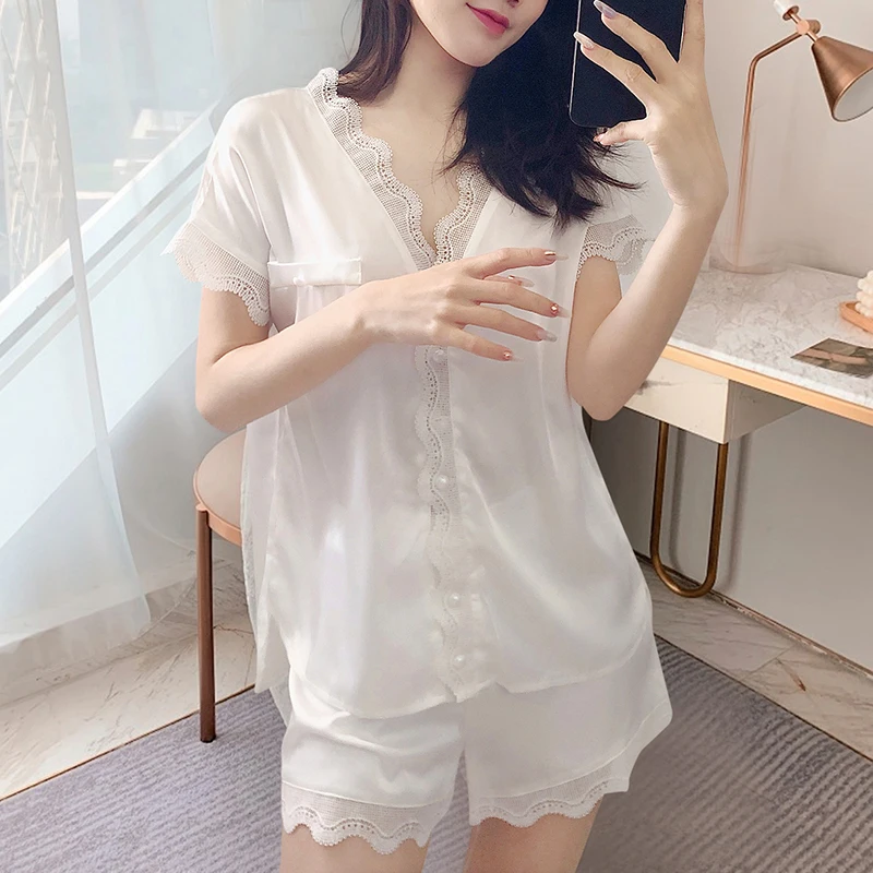 Women Sleepwear Summer Pajamas Set for Women Fake Silk White Lace Pijama Set Girl Nightgown Loose Waist Short Pant Silk Pajamas