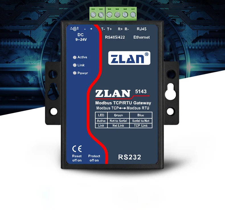 ZLAN5143 Serial serve Modbus TCP/RTU gateway data transfered between RS232/485/422 and TCP/IP |