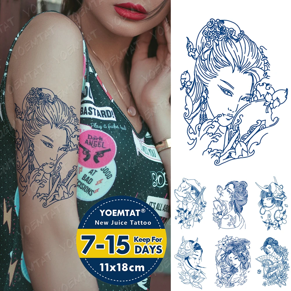 

Blue Ink Juice Waterproof Temporary Tattoo Beauty Carp Flowers Lasting Sticker Body Art Sexy Waist Transfer Fake Tatto Men Women